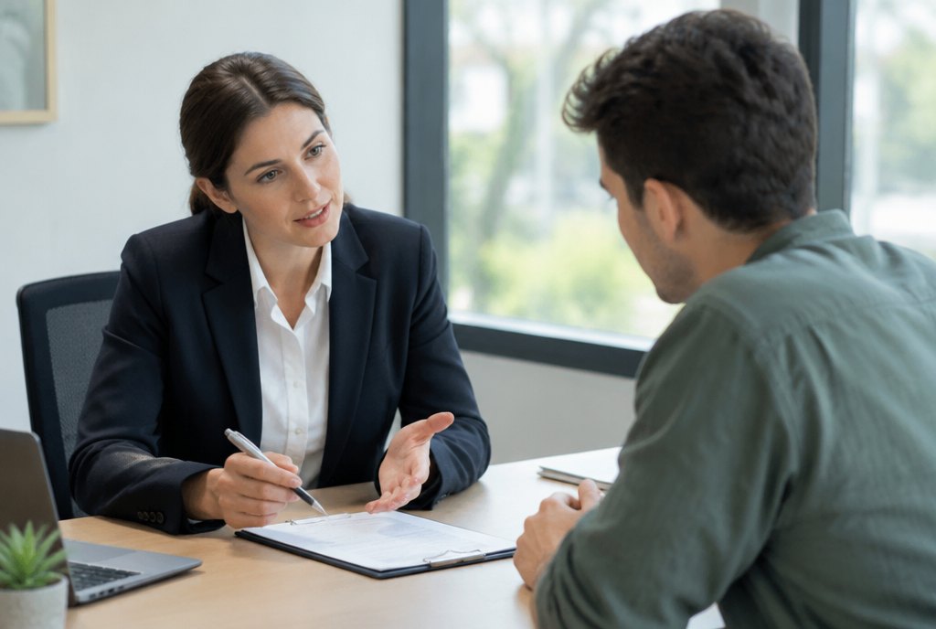 bank advisor explaining a loan offer to a young man