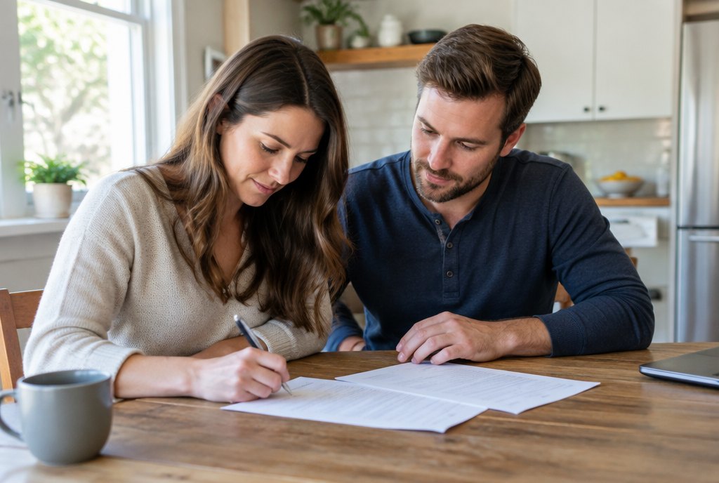 couple signing refinance papers at a kitchen table in their home couple signing refinance papers at a kitchen table in their home