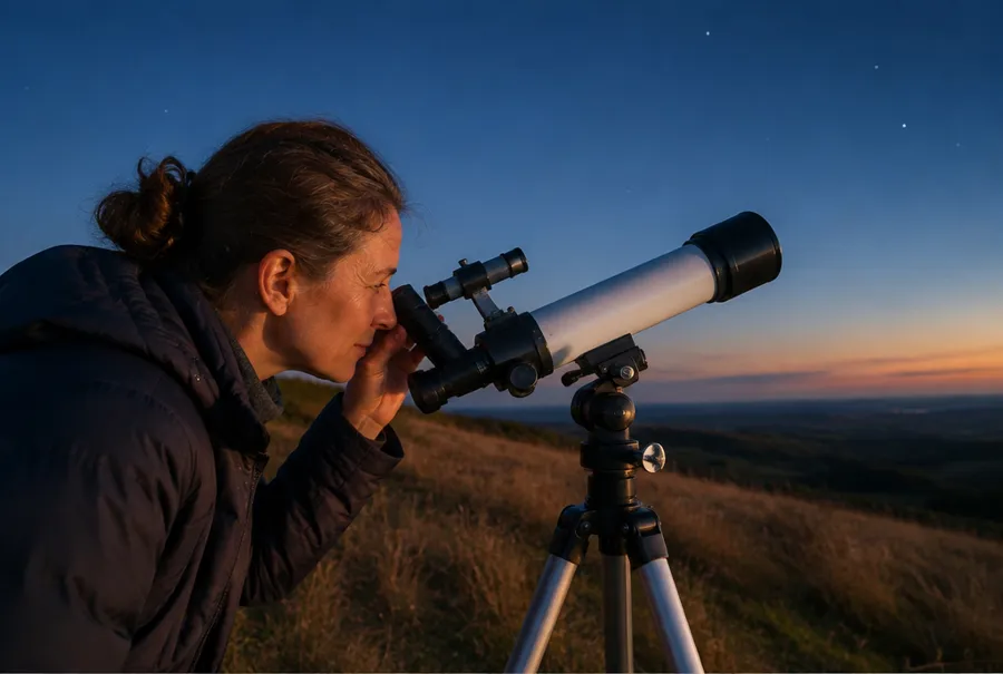 Astronomer looking through the eyepiece of a small telescope on a hillside at dusk