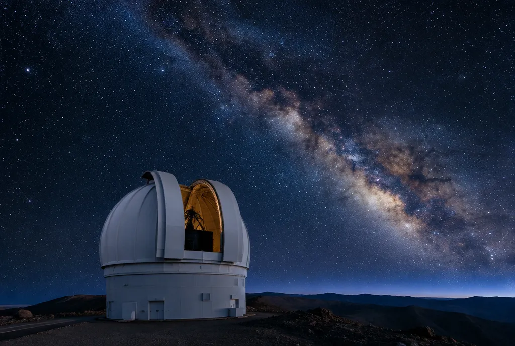Large observatory telescope dome open under a clear night sky full of stars and the Milky Way