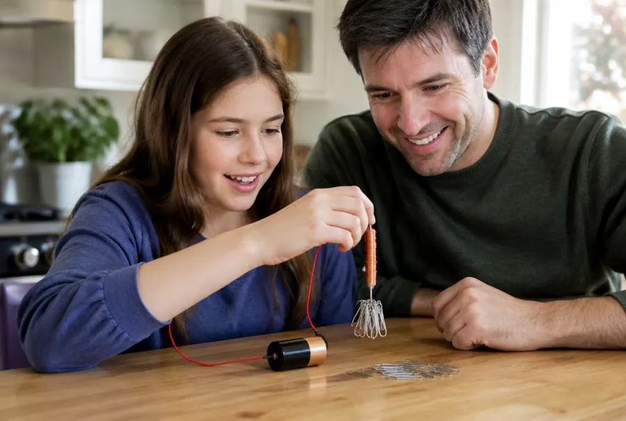 Child and father building a simple electromagnet with a nail, copper wire and a battery at a kitchen table