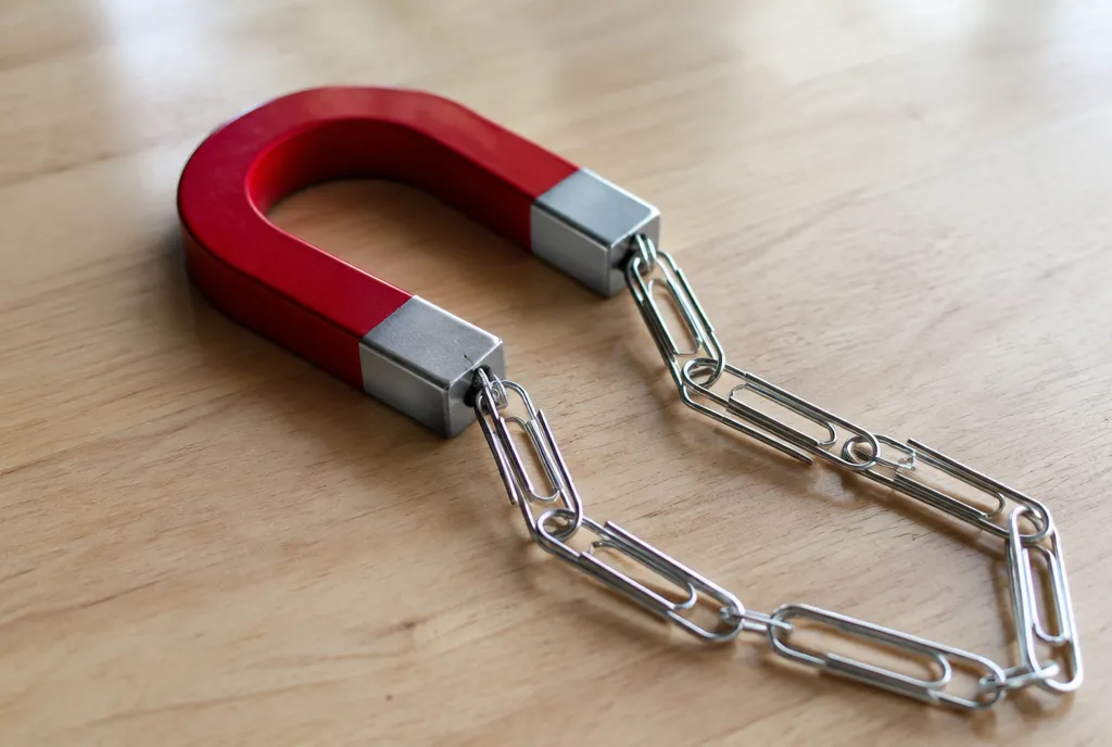 Horseshoe magnet holding a chain of steel paper clips on a wooden table