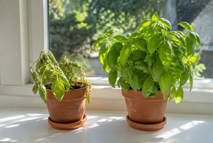 Two identical basil plants in pots, one in bright sunlight and one in shade on a kitchen windowsill