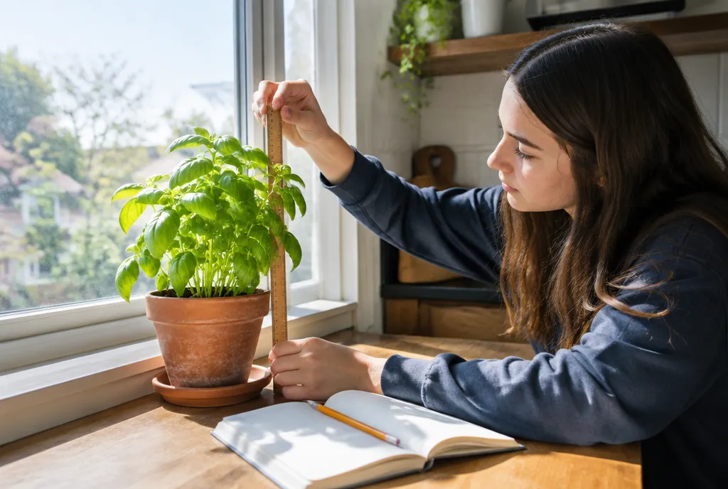 Student measuring a basil plant with a ruler next to a notebook on a sunny windowsill
