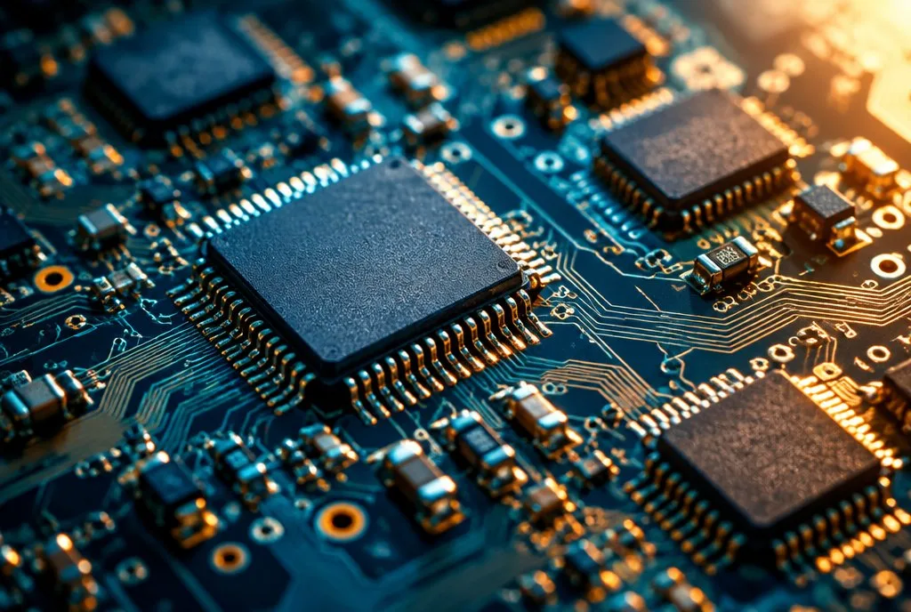 Technology circuit board and microchips in dramatic macro light