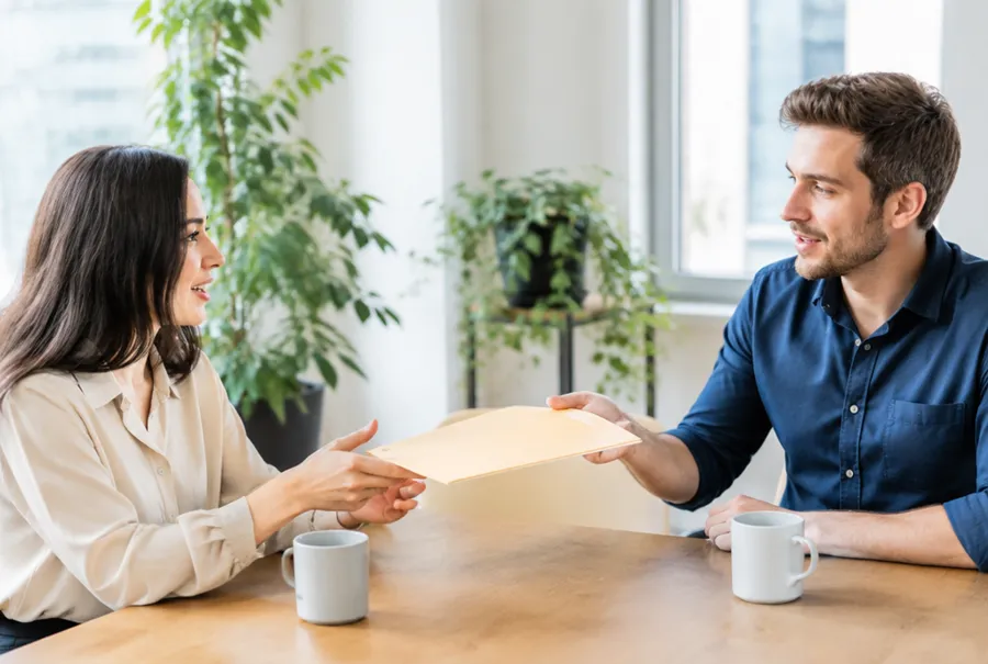 Two coworkers in a bright office discussing a customer file across a table with coffee cups
