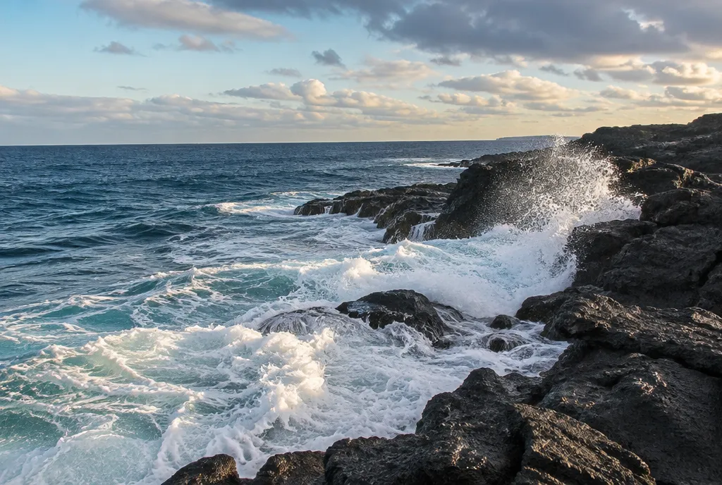 Waves breaking on a rocky coastline under a partly cloudy sky